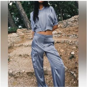 NWT Zara Steel Blow Satin Flowy Cargo Pants With Drawstring Hem